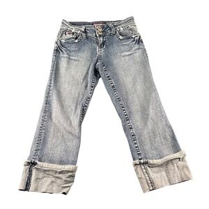Bubblegum USA Womens Y2K Low Rise Distressed Cropped Jeans Blue Size 1/2 Studded